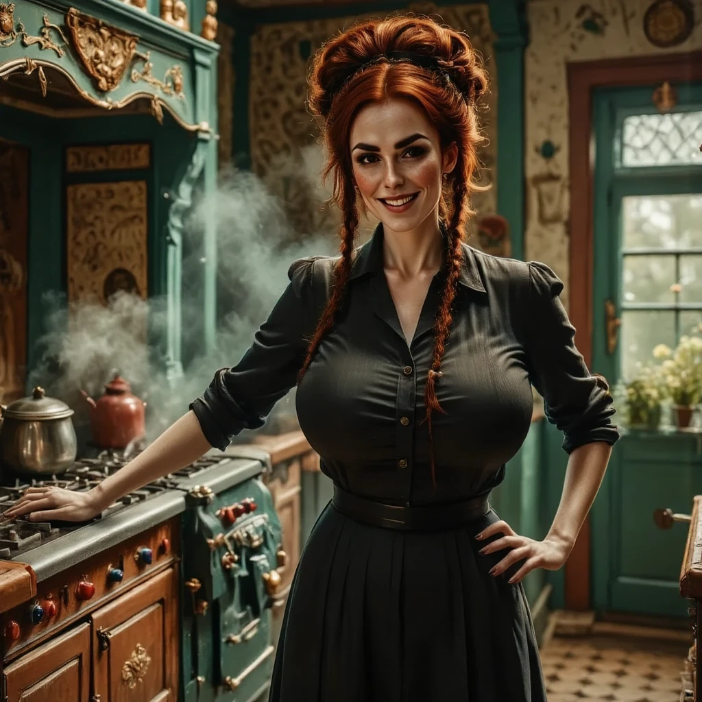 Animation style, a colourful kitchen.  a mature beautiful British woman standing next to the stove. Deathly pale skin. (Her eyes are black buttons:1.5). Scary smile. She has long reddish-brown hair, undercut hairdo. (Long fingers, long nails: 1.5), Black dress. Perfect hand,HDR, intricate details, scary. Inspired by the book Coralline by Neil Gaiman
