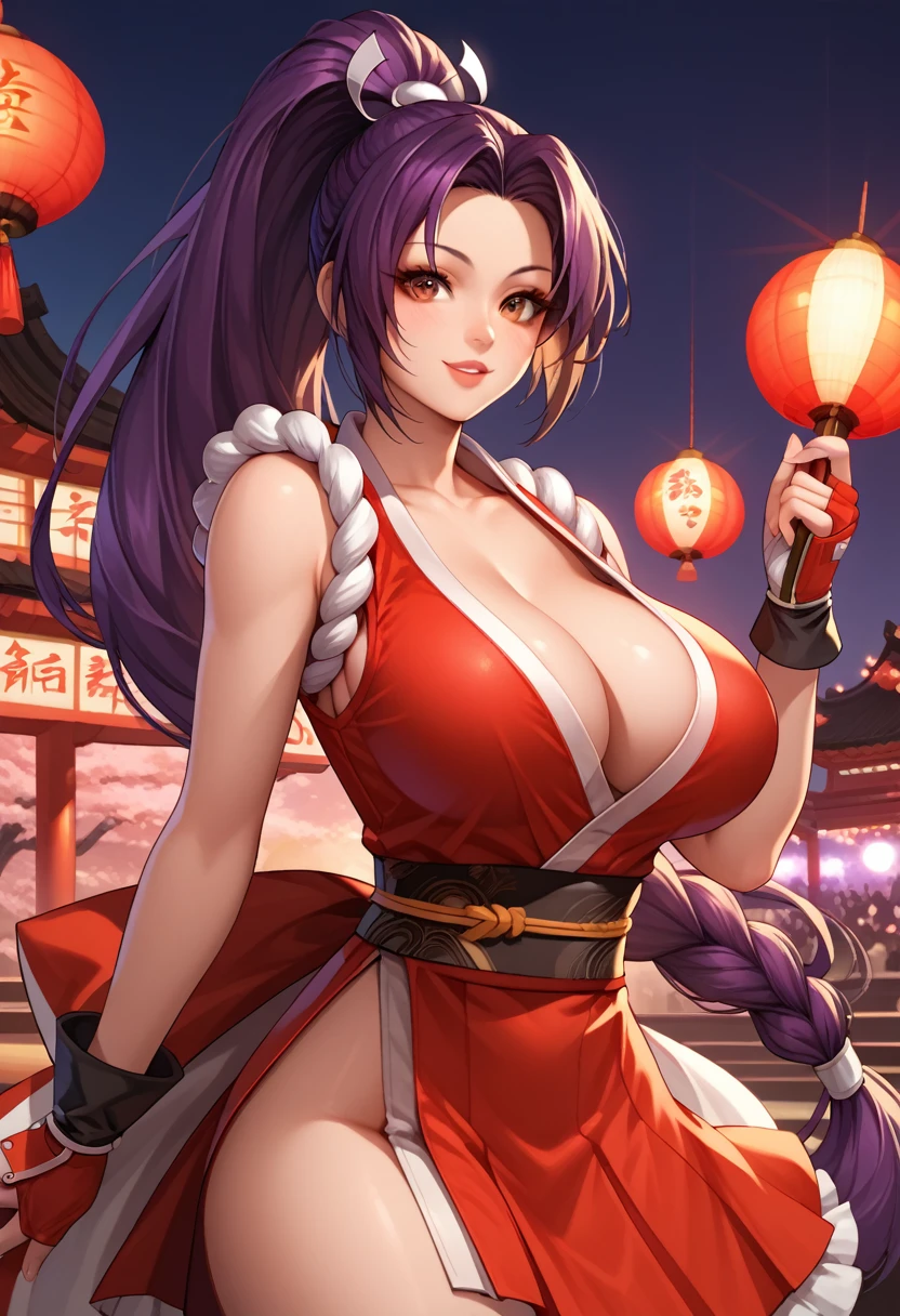 score_9_up, score_8_up, score_7_up,score_6_up, score_5_up, score_4_up , 1girl, solo, ((stripes color outfit)), huge breasts, PonyShiranui, japanese clothes, revealing clothes, cleavage, high ponytail, AthenaAsa2003, purple hair, hairband, long hair, white gloves, midriff, cleavage cutout, heart cutout, frilled skirt, ysakazaki,, ((white dougi)), ((spandex)), fingerless gloves, , brown hair, brown eyes, single braid, flirting, cowboy shot, stage lights, concert, stage