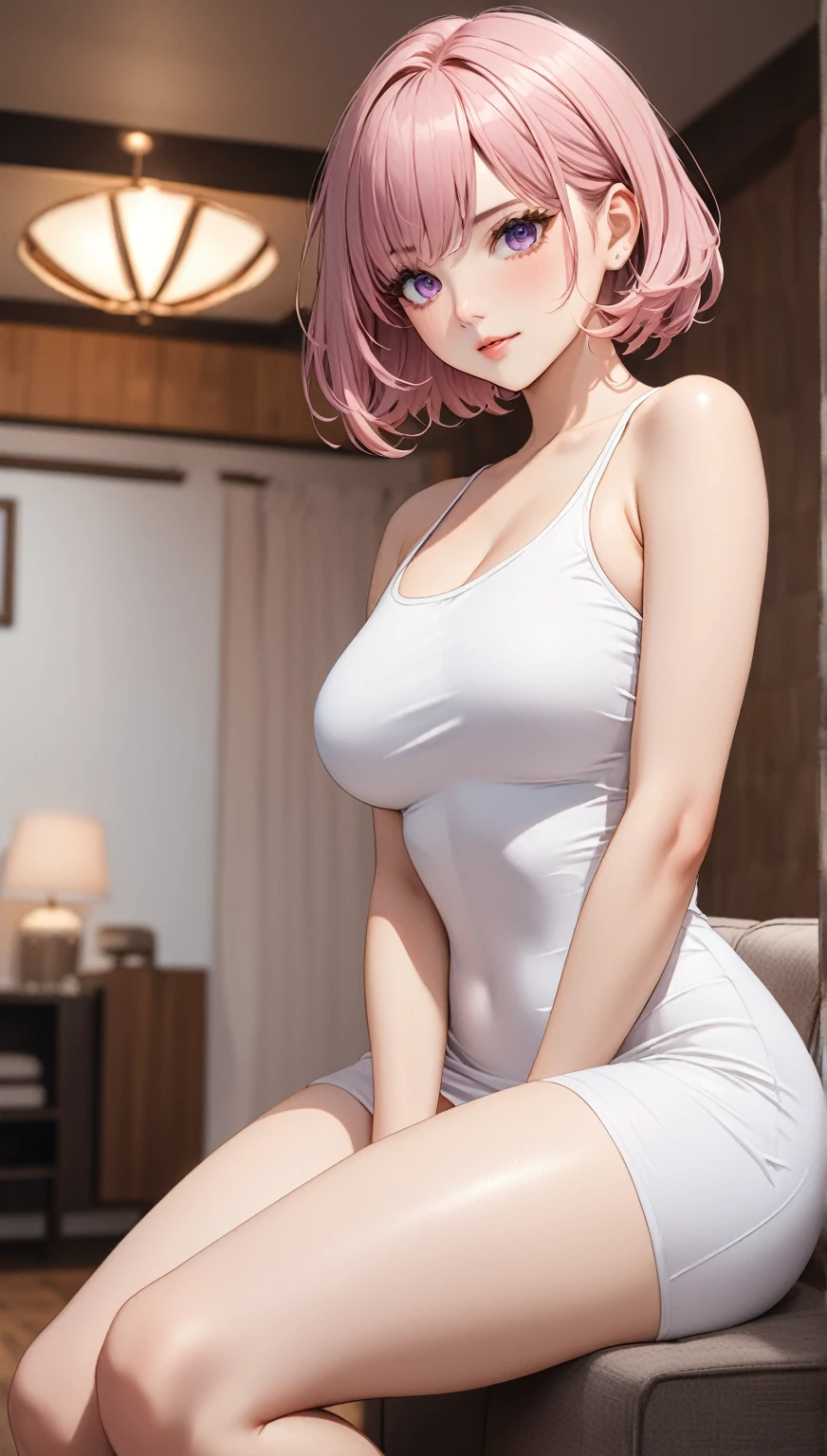 (((masterpiece))),(((High resolution)))、(((8K)))、(((perfect face)))、one beautiful Woman, (((beauty of japan)))、30 years old、(((beautiful face))), (((white tight tanktop dress)), pink short hair, tight spandex dress, short dress. embarrassed look, look at the camera, detailed texture, look at the camera, all body, big, cool women, bare legs, living room, full limbs, casual wife, sexy pose (((high resolution eyes)))
