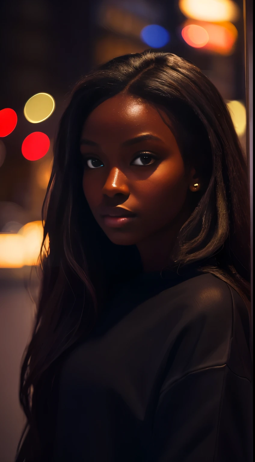 (( masterpiece ,  The best quality ,  Ultra detailed,  ultra high resolution )), ((Evening)), (distant), chiaroscuro, café, inside,  single focus , to throw, (through the window), (arm), 1 girl,(dark skin),  ebony skin , ebony nose,  full lips, backwards,  black hair, long hair, Distracted, session,  blurry sweater shirt , ( looking away ), street space , neon lights,  Particles ,  bright dark brown eyes,