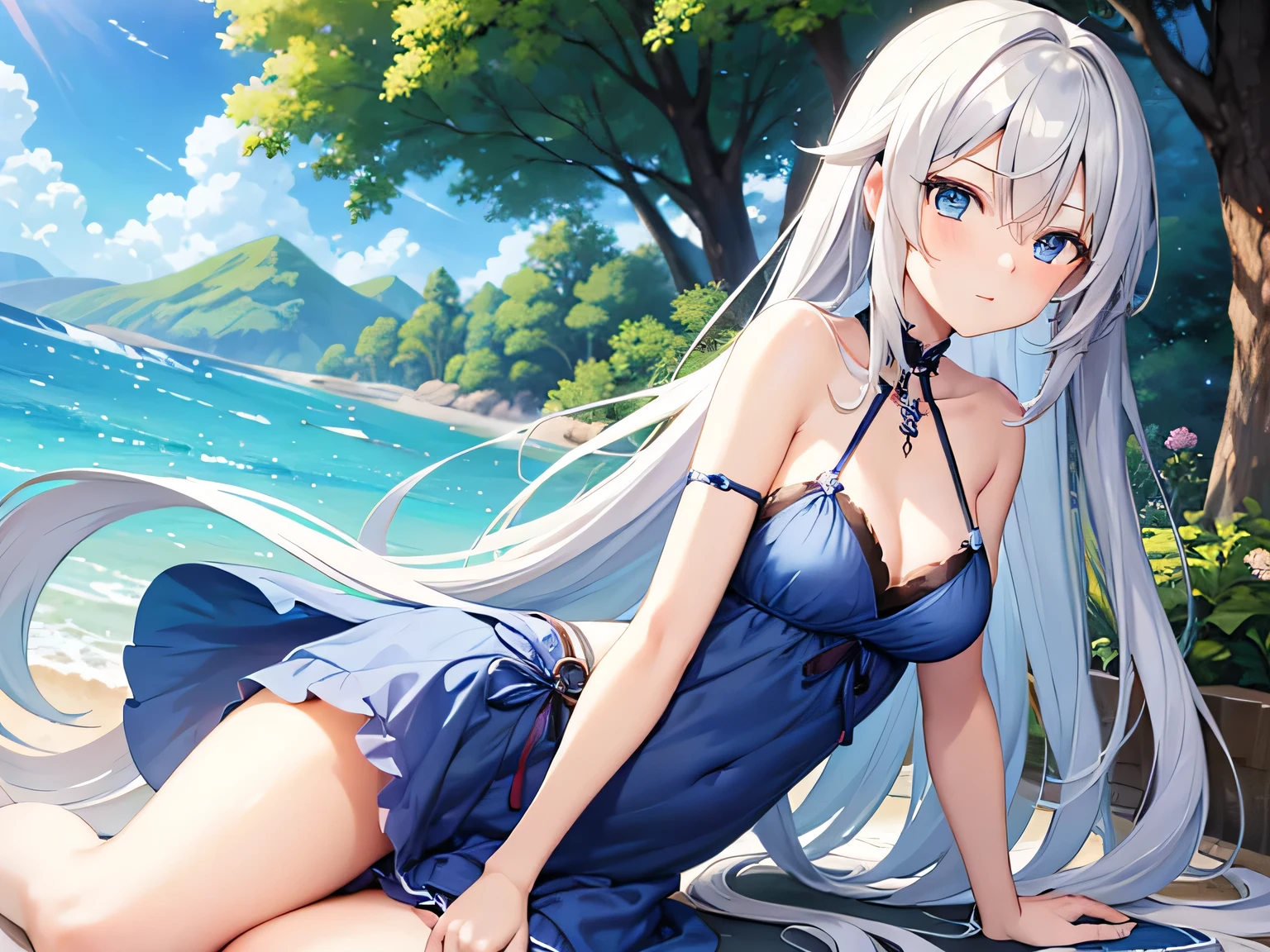 Silver long hair and flat chest,Hairpin,dark blue movement,Briefs,Bare Legs,ocean