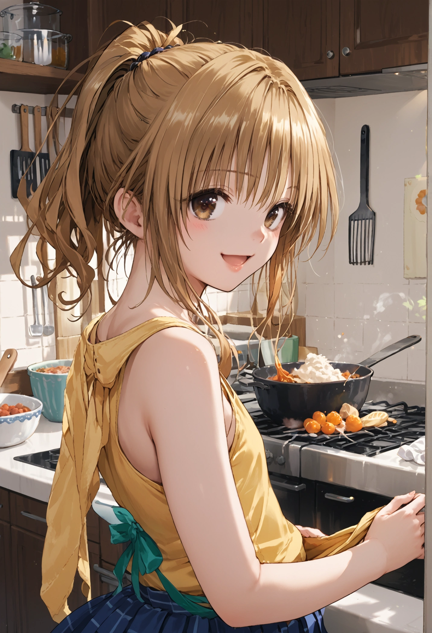 score_9, score_8_up, score_7_up, source_anime, 1girl, yuuki mikan, ponytail, brown eyes, yellow tank top, pleated skirt, blue skirt,kitchen, looking back, cooking, smile, open mouth, upper body,