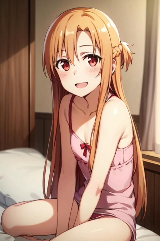 ((Best Quality)), ((masterpiece)), (be familiar with),  perfect face, indoor, bedroom,  watching viewers,
One woman, Yuuki Asuna,
Open Mouth, Ecstatic expression, blush, smile,
Small breasts,  flat chest, , , child, Girl,
Long Hair,  long hair,
Leg spread,