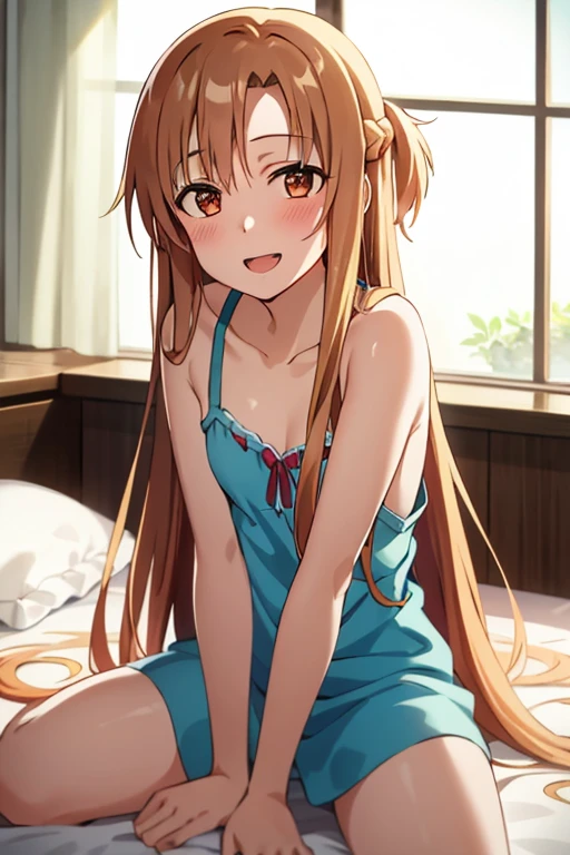 ((Best Quality)), ((masterpiece)), (be familiar with),  perfect face, indoor, bedroom,  watching viewers,
One woman, Yuuki Asuna,
Open Mouth, Ecstatic expression, blush, smile,
Small breasts,  flat chest, , , , Girl,
Long Hair,  long hair,
Leg spread,