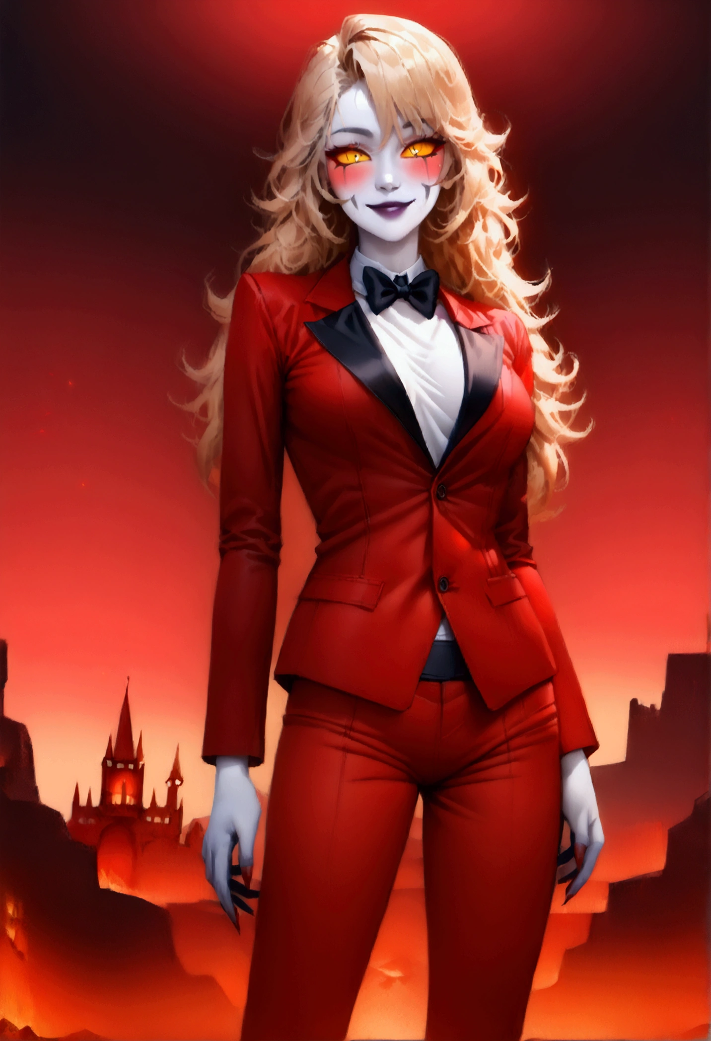 (charlie morningstar:1.2), (blonde hair, white skin, red blush, yellow sclera, red iris:1.5), long hair, (business suit, red suit, red pants, black bowtie, white undershirt:1.5), tall, slim, (dark hell themed background, hell, hell background, castle in hell, castle:1.2), red lighting, (realistic:1.2),  (masterpiece:1.2), (full-body-shot:1.2),(Cowboy-shot:1.2), neon lighting, dark romantic lighting, (highly detailed:1.2),(detailed face:1.2), (gradients), (sexy smile), (daring smilecolorful), detailed eyes, (detailed landscape:1.2), (natural lighting:1.2),(detailed background), detailed landscape, (glamour pose:1.2), solo, 