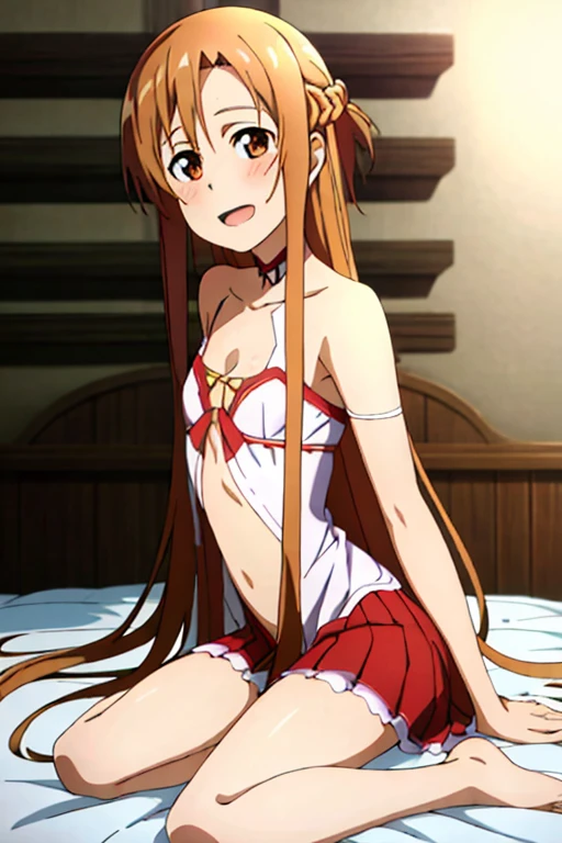 ((Best Quality)), ((masterpiece)), (be familiar with),  perfect face, indoor, bedroom,  watching viewers,
One woman, Yuuki Asuna,
Open Mouth, Ecstatic expression, blush, smile,
Small breasts,  flat chest, , , child, Girl,
Long Hair,  long hair,
Leg spread,