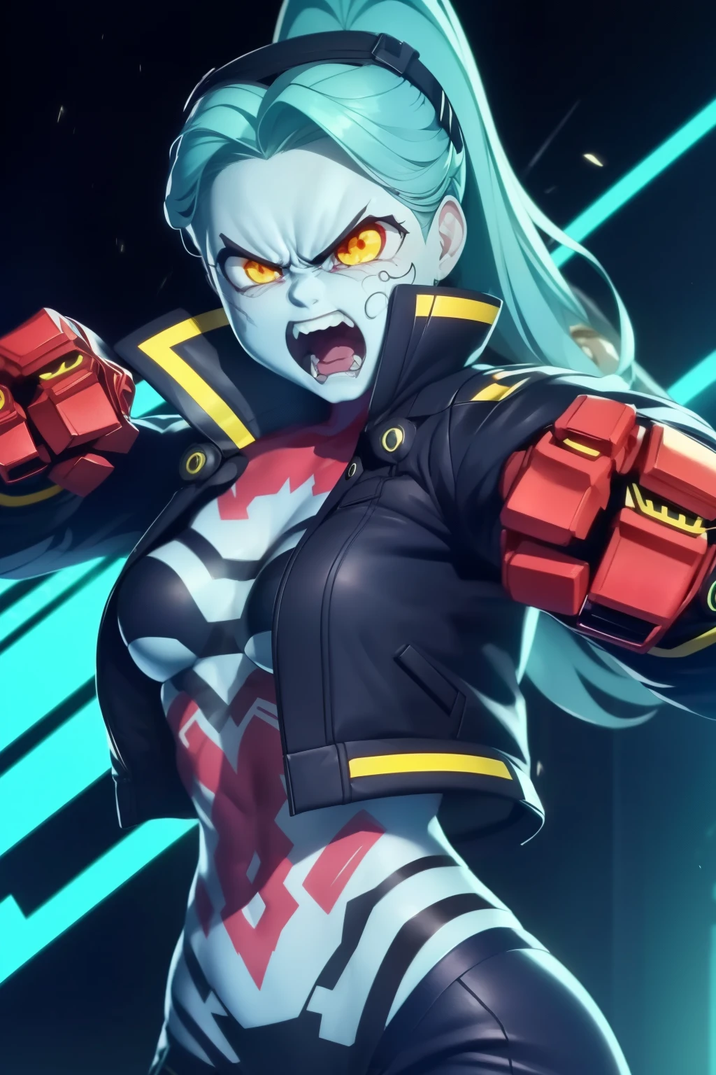 Rebecca in Dynamic fight pose, 1girl, (((Showing hands, machine hand, angry face , detailed face))), ((detailed hand:1.2 )), wearing a jacket, showing belly. Detailed, best quality, 4K.