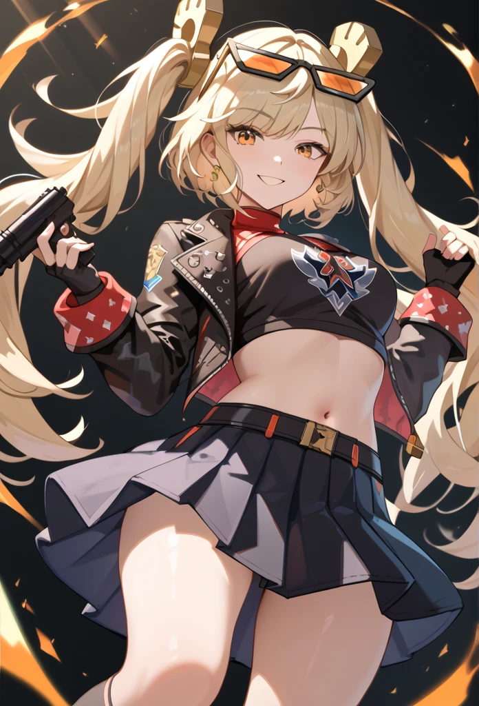  absurd determination ,  Kampala, (masterpiece:1.4), Super detailed,  1 girl , Alone, chest,  staring at viewers , bangs, skirt,  blond hair, shirt, Thighs丈, Gloves,  Long Sleeve , belly button, holding,  clevis,  twin tails, medium chest,  jacket, arms,  cowboy shot, pleated skirt,  close one eye , Open clothes, black Gloves, abdomen, miniskirt, fingerless Gloves, black skirt, stomach, holding arms, open  jacket, (Black knee socks,Absolute territory:1.3), black  jacket,  crop top , Orange Eyes Gun ,  clevis cutout, I'm wearing sunglasses on my head, , holding 銃,  Dual Weeding,   Tinted Eyewear ,  Looking Through Glasses , looking at viewer, ( dynamic pose:1.3), smile,Composition from below, Thighs, sexy
