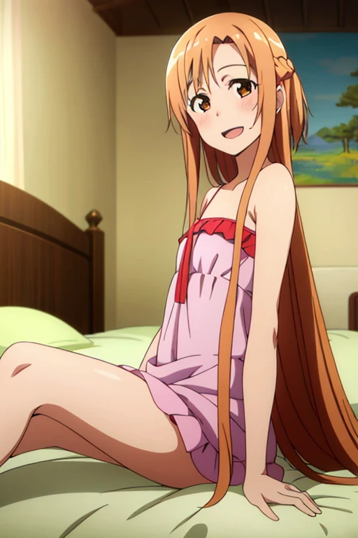 ((Best Quality)), ((masterpiece)), (be familiar with),  perfect face, indoor, bedroom,  watching viewers,
One woman, Yuuki Asuna,
Open Mouth, Ecstatic expression, blush, smile,
Small breasts,  flat chest, , , child, Girl,
Long Hair,  long hair,
Leg spread,