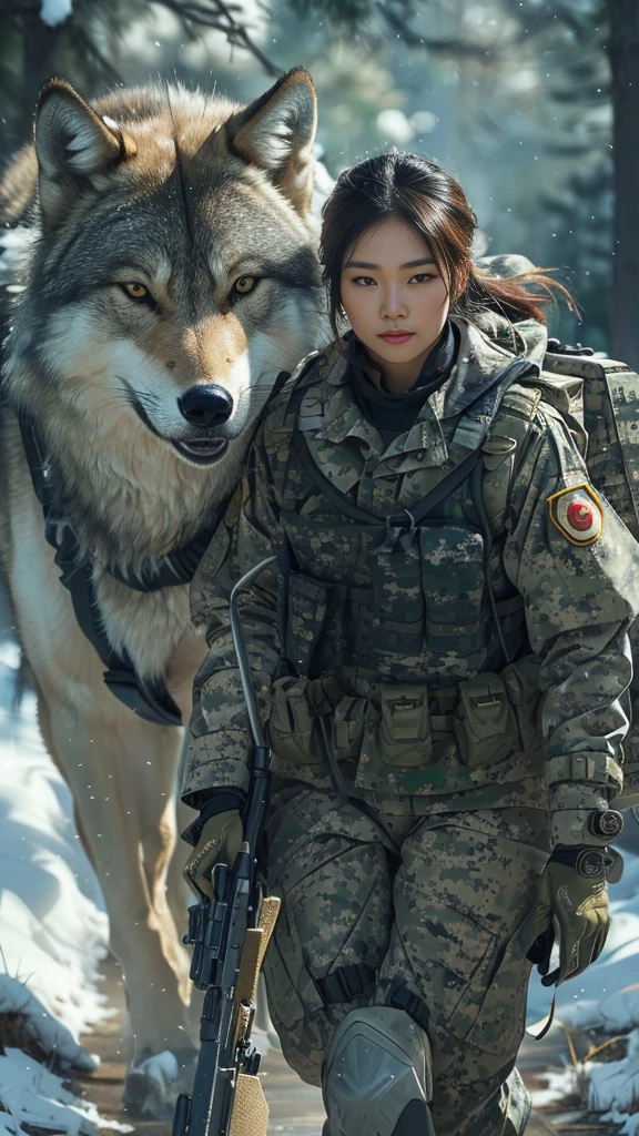 
A hyper-realistic image of a Indonesian soldier in her late 30s, with a calm and focused expression, walking beside a massive Japanese wolf. The wolf’s thick fur and agile body are covered with military gear, including a Indonesian flag badge on its harness. The soldier confidently places her hand on the wolf’s side as they move forward, embodying the spirit of strength and resilience. Fine detail