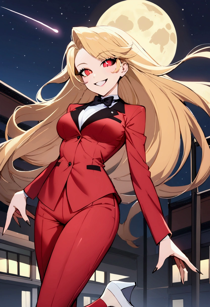 ((best quality)), ((highly detailed)), absurdres, (detailed eyes, deep eyes), (1girl), dynamic pose, cowboy shot, charlie morningstar, blonde hair, very long hair, red eyes, (colored sclera), medium breasts,(sexy smile) , red jacket, black bowtie, red pants, high heels, white footwear, (outside, at a school, building, midnight, night sky, stars, full moon, shooting star)