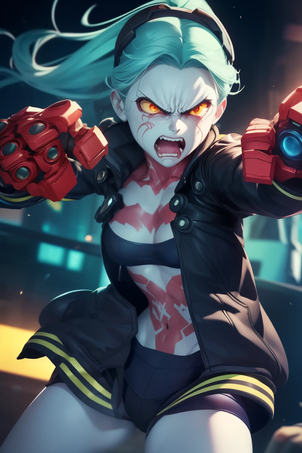 Rebecca in Dynamic fight pose, 1girl, (((Showing hands, machine hand, angry face , detailed face))), ((detailed hand:1.2 )), wearing a jacket, showing belly. Detailed, best quality, 4K.