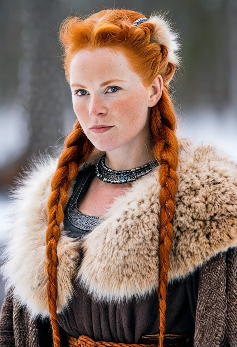 feminine, not masculine, indigenous norse clothes with fur, tall, short red hair, female face, in cold climate, wide hips, narrow shoulders
