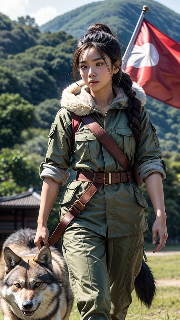 
A hyper-realistic image of a Indonesian soldier in her late 30s, with a calm and focused expression, walking beside a massive Japanese wolf. The wolf’s thick fur and agile body are covered with military gear, including a Indonesian flag badge on its harness. The soldier confidently places her hand on the wolf’s side as they move forward, embodying the spirit of strength and resilience. Fine detail