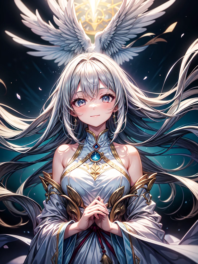 A breathtaking 8K high-resolution image of a beautiful young girl dressed in traditional celestial attire, resembling a heavenly maiden (Tennyo), floating gracefully in the sky. She is wearing a flowing, ethereal robe adorned with delicate patterns, her long, silky hair gently billowing in the breeze. A serene smile graces her face, exuding peace and calm. The sky is partially covered with soft, misty clouds that frame her form, casting a dreamlike glow around her. The lighting highlights her delicate features, and the scene feels both magical and tranquil, evoking a sense of divine beauty,