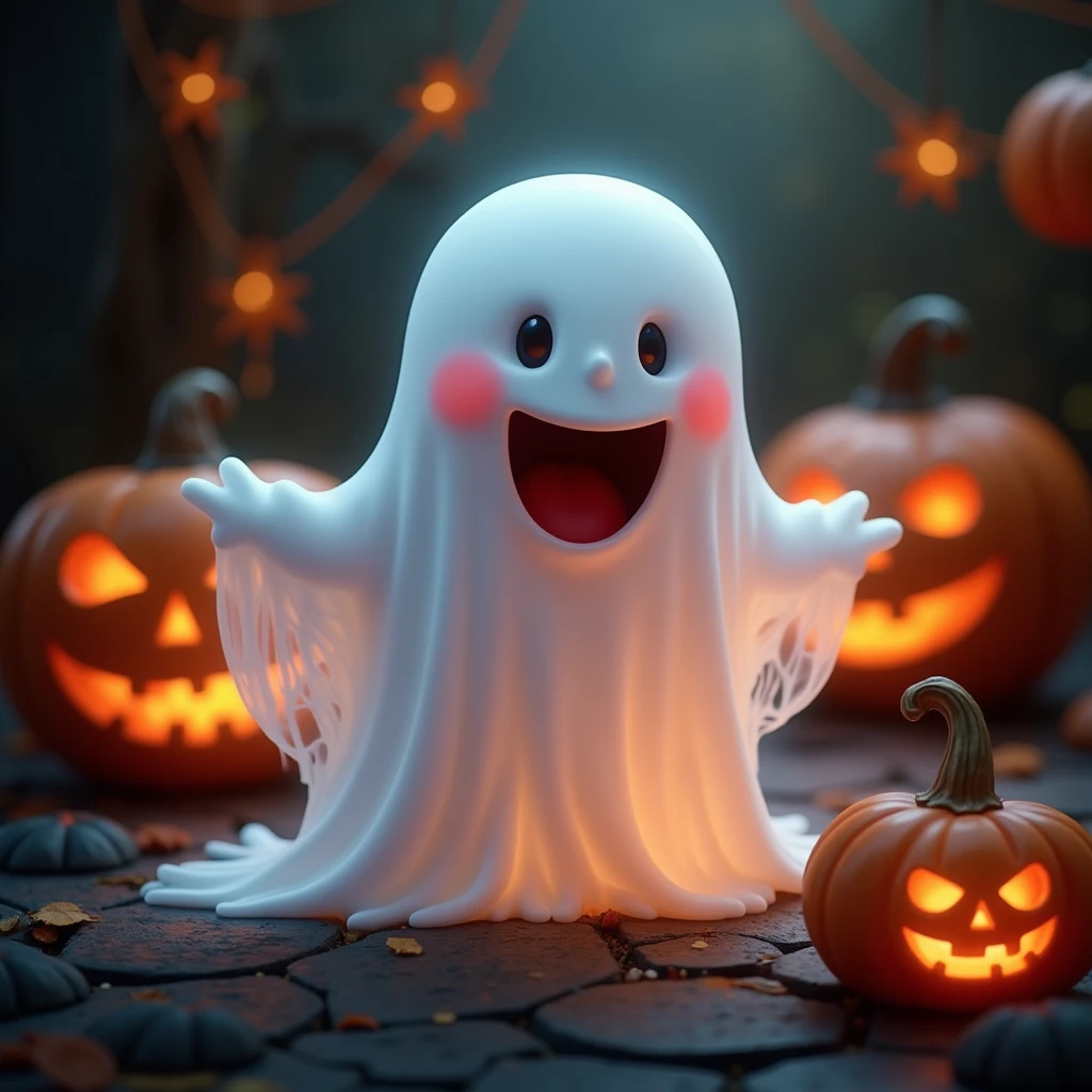 (masterpiece, best quality:1.2), cute ghost, open mouth，pumpkin，spooky but cute，Halloween