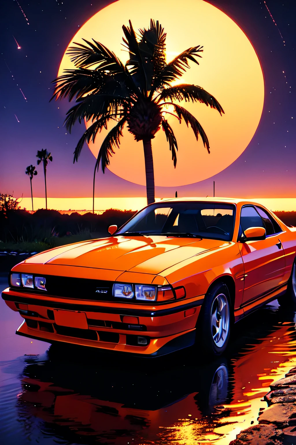 Best quality,masterpiece,ultra high res,car, tree, ground vehicle, palm tree, no humans, star (sky), vehicle focus, outdoors, sky, water, night, purple sky, starry sky, moon, night sky, scenery, oceanHigh Resolution, Masterpiece, Quality, Super Detailed, Best Quality, realistic ,car supra orange colour