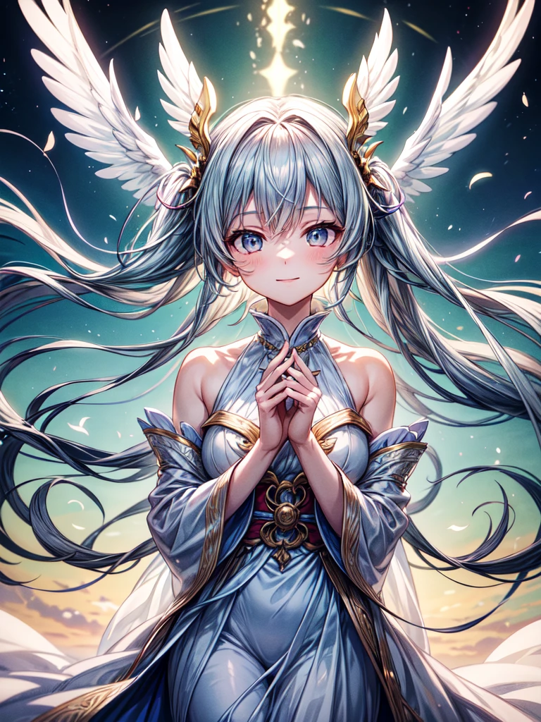 A breathtaking 8K high-resolution image of a beautiful young girl dressed in traditional celestial attire, resembling a heavenly maiden (Tennyo), floating gracefully in the sky. She is wearing a flowing, ethereal robe adorned with delicate patterns, her long, silky hair gently billowing in the breeze. A serene smile graces her face, exuding peace and calm. The sky is partially covered with soft, misty clouds that frame her form, casting a dreamlike glow around her. The lighting highlights her delicate features, and the scene feels both magical and tranquil, evoking a sense of divine beauty,