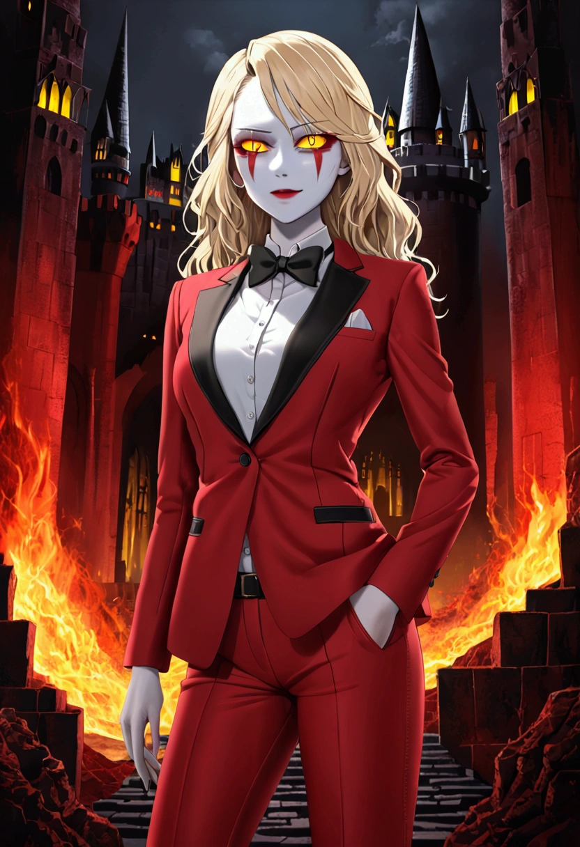 (charlie morningstar:1.2), (blonde hair, white skin, red blush, yellow sclera, red iris:1.5), long hair, (business suit, red suit, red pants, black bowtie, white undershirt:1.5), tall, slim, (dark hell themed background, hell, hell background, castle in hell, castle:1.2), red lighting, (realistic:1.2),  (masterpiece:1.2), (full-body-shot:1.2),(Cowboy-shot:1.2), neon lighting, dark romantic lighting, (highly detailed:1.2),(detailed face:1.2), (gradients),(sexy smile), colorful, detailed eyes, (detailed landscape:1.2), (natural lighting:1.2),(detailed background), detailed landscape, (glamour pose:1.2), solo, 