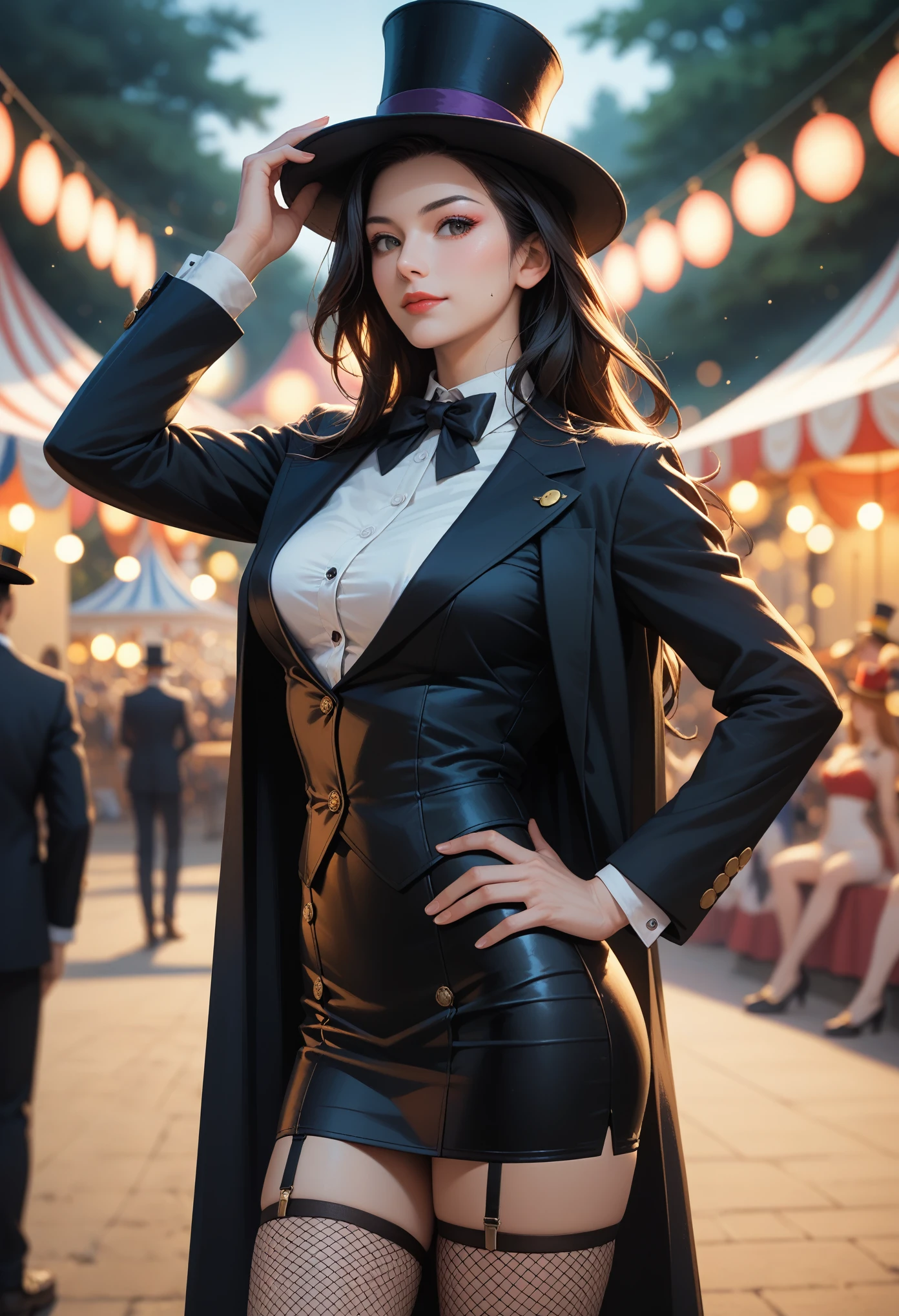 score_9, score_8_up, score_7_up, (masterpiece, UHD, 8K, 16K, ultra detailed), sfw, cowboy shot, solo, 1girl, smiley, magician, black hair, long hair, black tailcoat, white shirt, black bow tie, fishnet stockings, black top hat, (hand on hip, hand on hat:1.2), posing, [circus festival in background], outdoor, (depth of field), (bokeh), diffused light, dramatic ambient