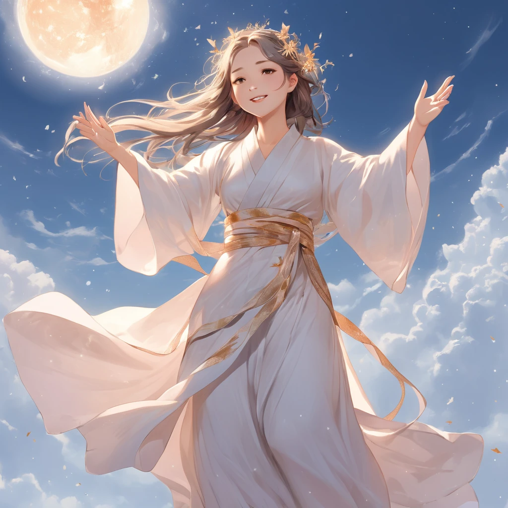 A breathtaking 8K high-resolution image of a beautiful young girl dressed in traditional celestial attire, resembling a heavenly maiden (Tennyo), floating gracefully in the sky. She is wearing a flowing, ethereal robe adorned with delicate patterns, her long, silky hair gently billowing in the breeze. A serene smile graces her face, exuding peace and calm. The sky is partially covered with soft, misty clouds that frame her form, casting a dreamlike glow around her. The lighting highlights her delicate features, and the scene feels both magical and tranquil, evoking a sense of divine beauty,