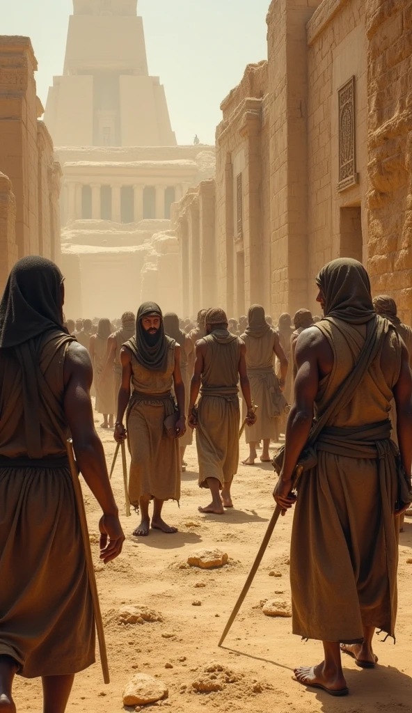 ((lifelike lighting, Melhor qualidade, 8K, Obra-prima: 1.3)), Foco claro: 1.2,It portrays the scene of oppression and despair of the Hebrews enslaved by the Egyptians during Ancient Egypt. In the center of the image, place a group of Hebrews, men and women, working exhaustively under the scorching sun of the desert. They are hunched over, carrying heavy blocks of stone on their shoulders, while the watchful gazes of the ancient guards coolly follow them.

The Hebrews are dressed in worn and dirty clothes, and their faces show signs of weariness and sadness. The expressions of pain and despair show the unbearable burden of slavery they carry.

In the background of the scene, the imposing Egyptian structures rise, representing the grandeur of the monuments that are being built with the forced labor of the Hebrews. The shadows cast by the buildings symbolize the oppression that hangs over them, with endless hard work.

The setting is arid and dusty, conveying a sense of desolation and hopelessness that pervades the lives of enslaved Hebrews. Harsh sunlight highlights the chains that bind the Hebrews' feet, reminding us of the physical and mental prison in which they are imprisoned.

Through this image, seek to portray the harrowing reality of the Hebrews, maintaining respect and sensitivity towards the history and pain they faced during this dark period of humanity --auto