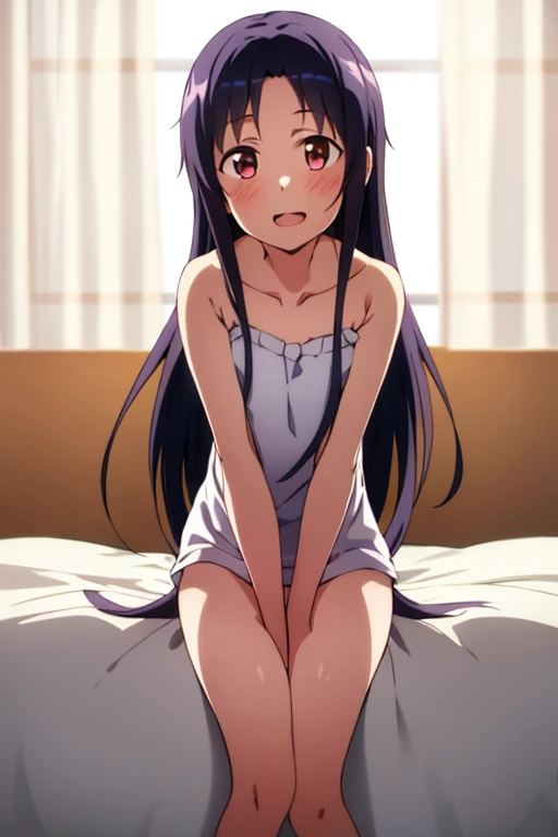 ((Best Quality)), ((masterpiece)), (be familiar with),  perfect face, indoor, bedroom,  watching viewers,
One woman, Yuuki Asuna,
Open Mouth, Ecstatic expression, blush, smile,
Small breasts,  flat chest, , , child, Girl,
Long Hair,  long hair,
Leg spread,