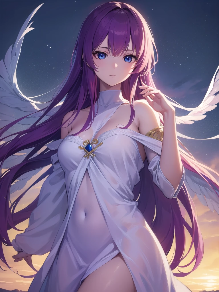 A breathtaking 8K high-resolution image of a beautiful young girl dressed in traditional celestial attire, resembling a heavenly maiden (Tennyo), floating gracefully in the sky. She is wearing a flowing, ethereal robe adorned with delicate patterns, her long, silky hair gently billowing in the breeze. A serene smile graces her face, exuding peace and calm. The sky is partially covered with soft, misty clouds that frame her form, casting a dreamlike glow around her. The lighting highlights her delicate features, and the scene feels both magical and tranquil, evoking a sense of divine beauty,

hitagisenjougahara, senjougahara hitagi, long hair, blue eyes, purple hair,
BREAK (masterpiece:1.2), best quality, high resolution, unity 8k wallpaper, (illustration:0.8), (beautiful detailed eyes:1.6), extremely detailed face, perfect lighting, extremely detailed CG, (perfect hands, perfect anatomy),