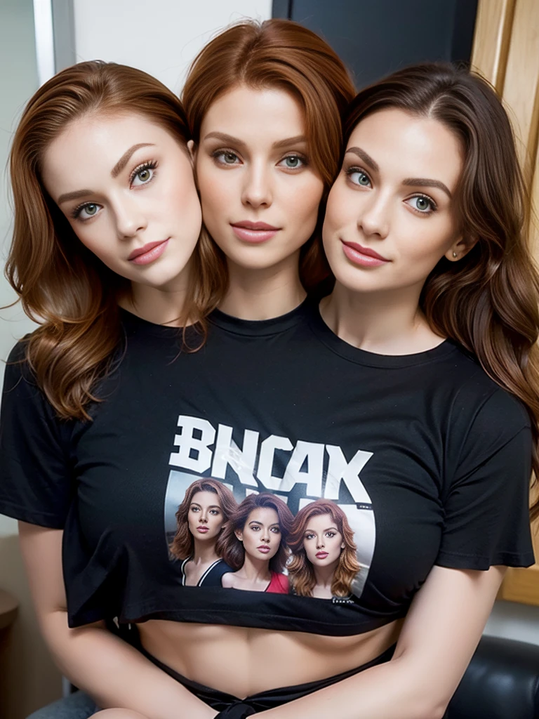 best resolution, 2 heads, (((3head:1.5))), half-body shot, ginger haired and blonde woman with two heads, black crop top t-shirt, medium hair