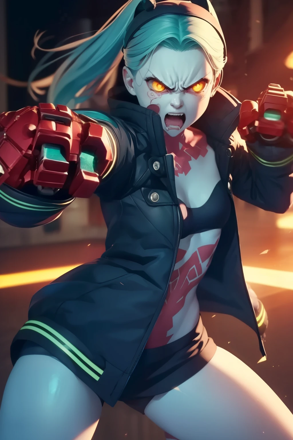 Rebecca in Dynamic fight pose, 1girl, (((Showing hands, machine hand, angry face , detailed face))), ((detailed hand:1.2 )), wearing a jacket, showing belly. Detailed, best quality, 4K.