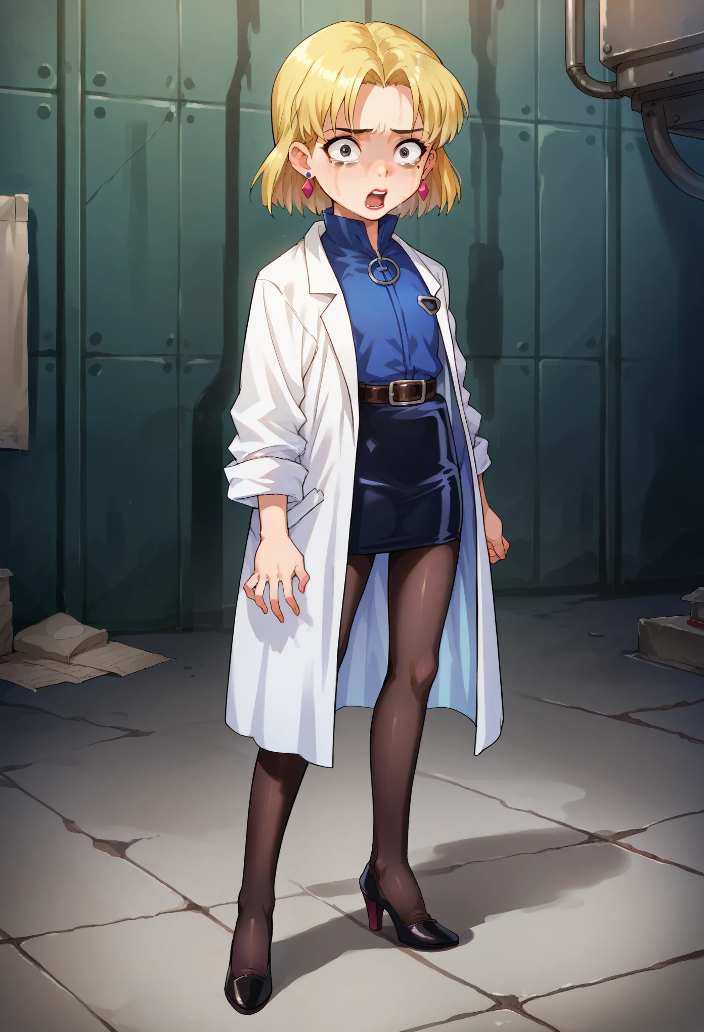 score_9, score_8_up, score_7_up, 1girl, solo, (****:1.5), flat chest, Ritsuko, 1girl, solo, blonde hair, mole under eye, labcoat, earrings, jewelry, short hair, belt, lipstick, makeup, black heels, darkblue skirt, black pantyhoses, belt, scared, sad, full body, standing, looking at you, surprised, indoor, lab background, AgeRegression, Oversized Clothes, oversized pantyhoses, oversized heels, sleeves covering hands,