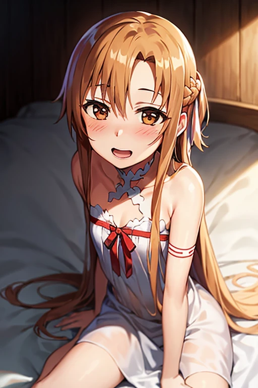 ((Best Quality)), ((masterpiece)), (be familiar with),  perfect face, indoor, bedroom,  watching viewers,
One woman, Yuuki Asuna,
Open Mouth, Ecstatic expression, blush, smile,
Small breasts,  flat chest, , , child, Girl,
Long Hair,  long hair,
Leg spread,