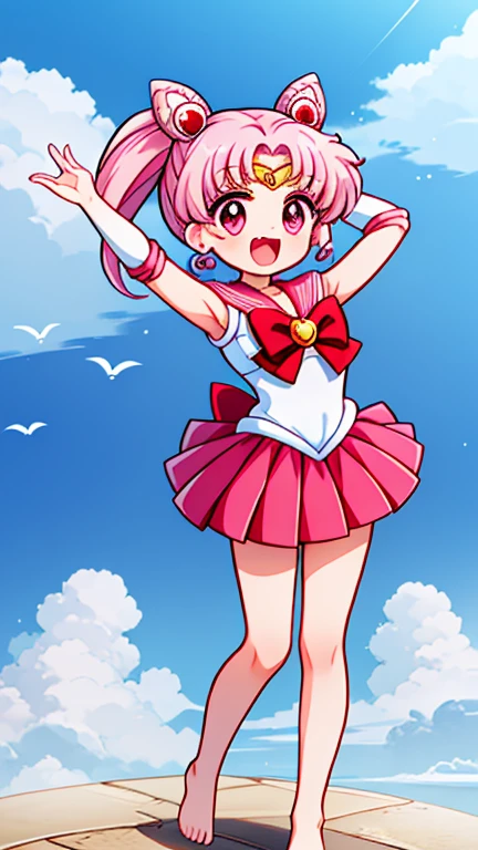 Sailor Moon,young年,Seven years old,cute,(Little Loli),Pink hair twintails,short hair,Sailor Suit,Red bow,White elbow gloves,Red Skirt,No shoes,Open your mouth,laughing out loud,Fangs,(White pantyhose),soles of feet,Soles,(young),(little man),sit