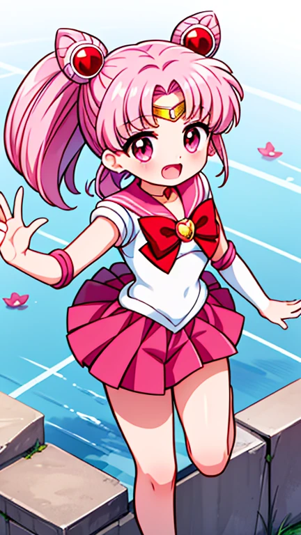  Sailor Moon ，Young年，Seven years old ，Lovely，（Small）， pink double ponytail，Short hair，Sailor Suit， red bow ，white elbow pads ， red dress ，No shoes， raise your arms ， laughing out loud ，Fangs，(Bare legs),Soles，Sole，(Young)，(Small人物)，Barefoot， stands on the ruins