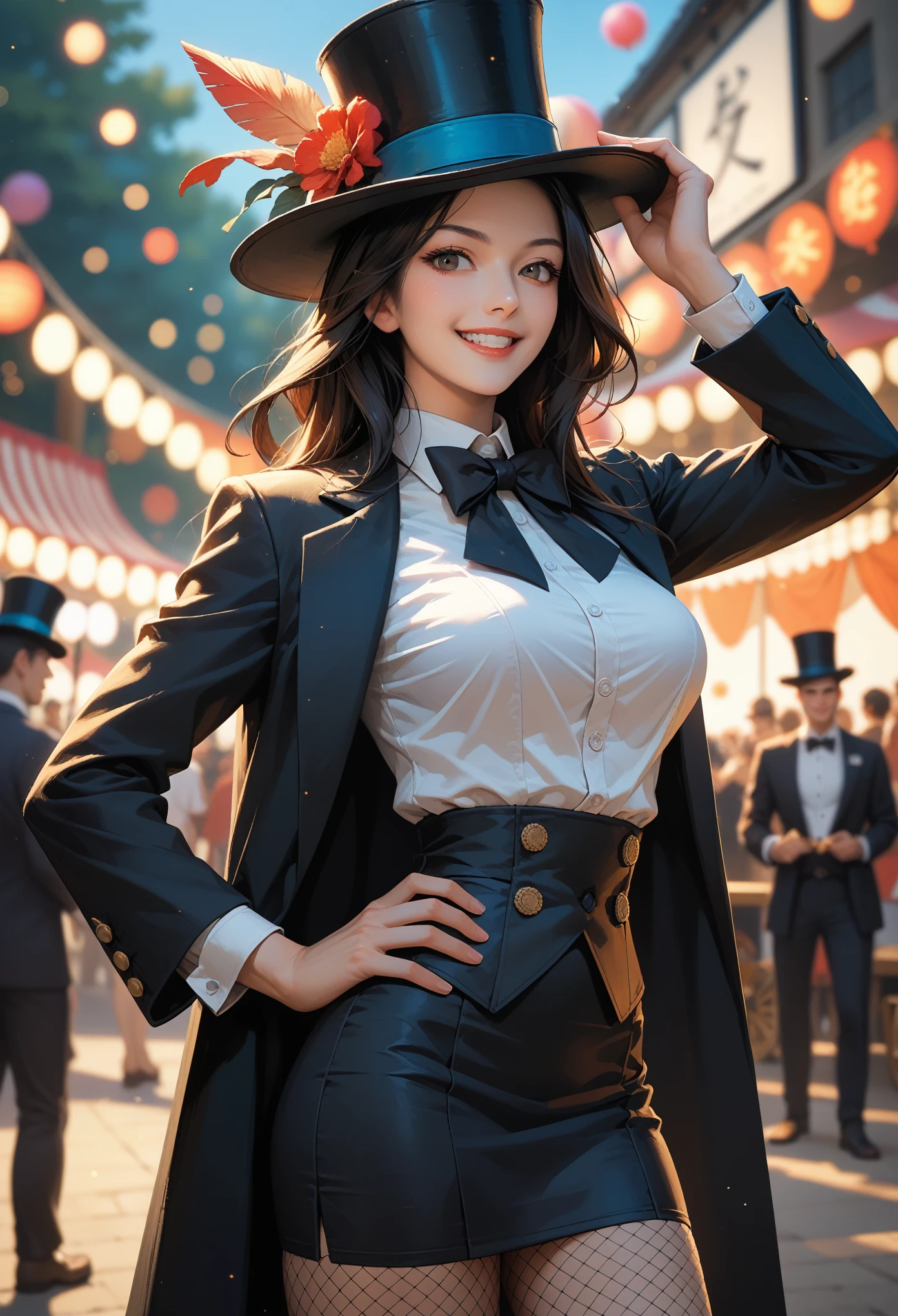 score_9, score_8_up, score_7_up, (masterpiece, UHD, 8K, 16K, ultra detailed), sfw, cowboy shot, solo, 1girl, coy smile, magician, black hair, long hair, black tailcoat, white shirt, black bow tie, fishnet stockings, black top hat, (hand on hip, hand on hat:1.2), posing, [circus festival in background], outdoor, (depth of field), (bokeh), diffused light, dramatic ambient