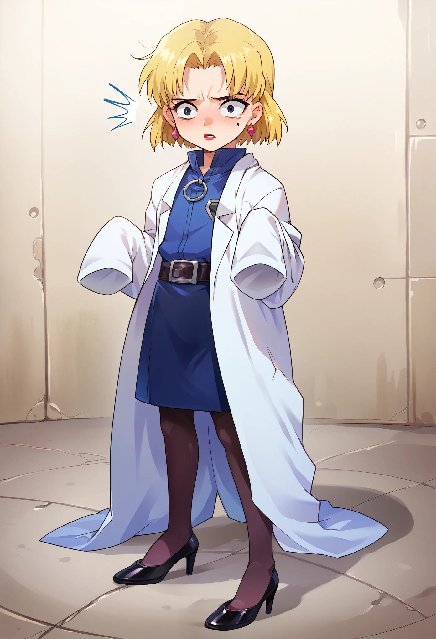 score_9, score_8_up, score_7_up, 1girl, solo, (****:1.5), flat chest, Ritsuko, 1girl, solo, blonde hair, mole under eye, labcoat, earrings, jewelry, short hair, belt, lipstick, makeup, black heels, darkblue skirt, black pantyhoses, belt, scared, sad, full body, standing, looking at you, surprised, indoor, lab background, AgeRegression, Oversized Clothes, oversized pantyhoses, oversized heels, sleeves covering hands,