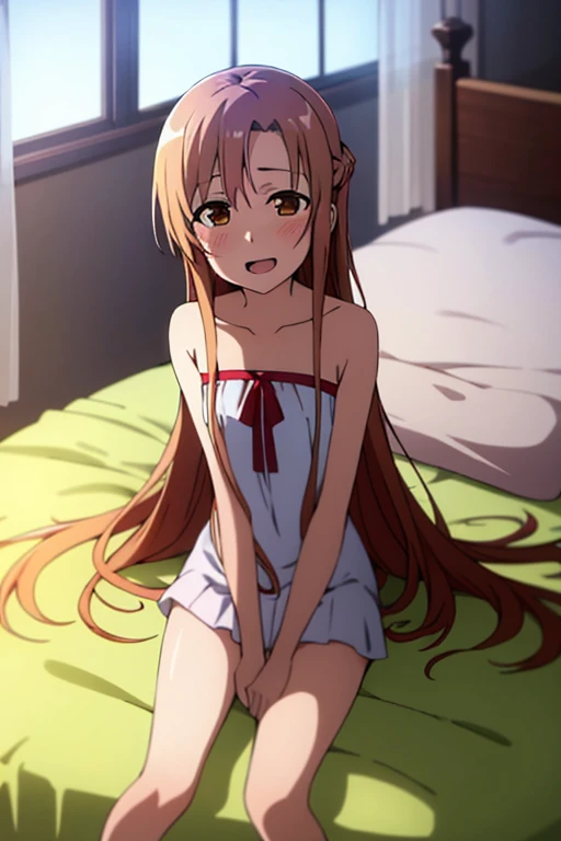 ((Best Quality)), ((masterpiece)), (be familiar with),  perfect face, indoor, bedroom,  watching viewers,
One woman, Yuuki Asuna,
Open Mouth, Ecstatic expression, blush, smile,
Small breasts,  flat chest, , , child, Girl,
Long Hair,  long hair,
Leg spread,