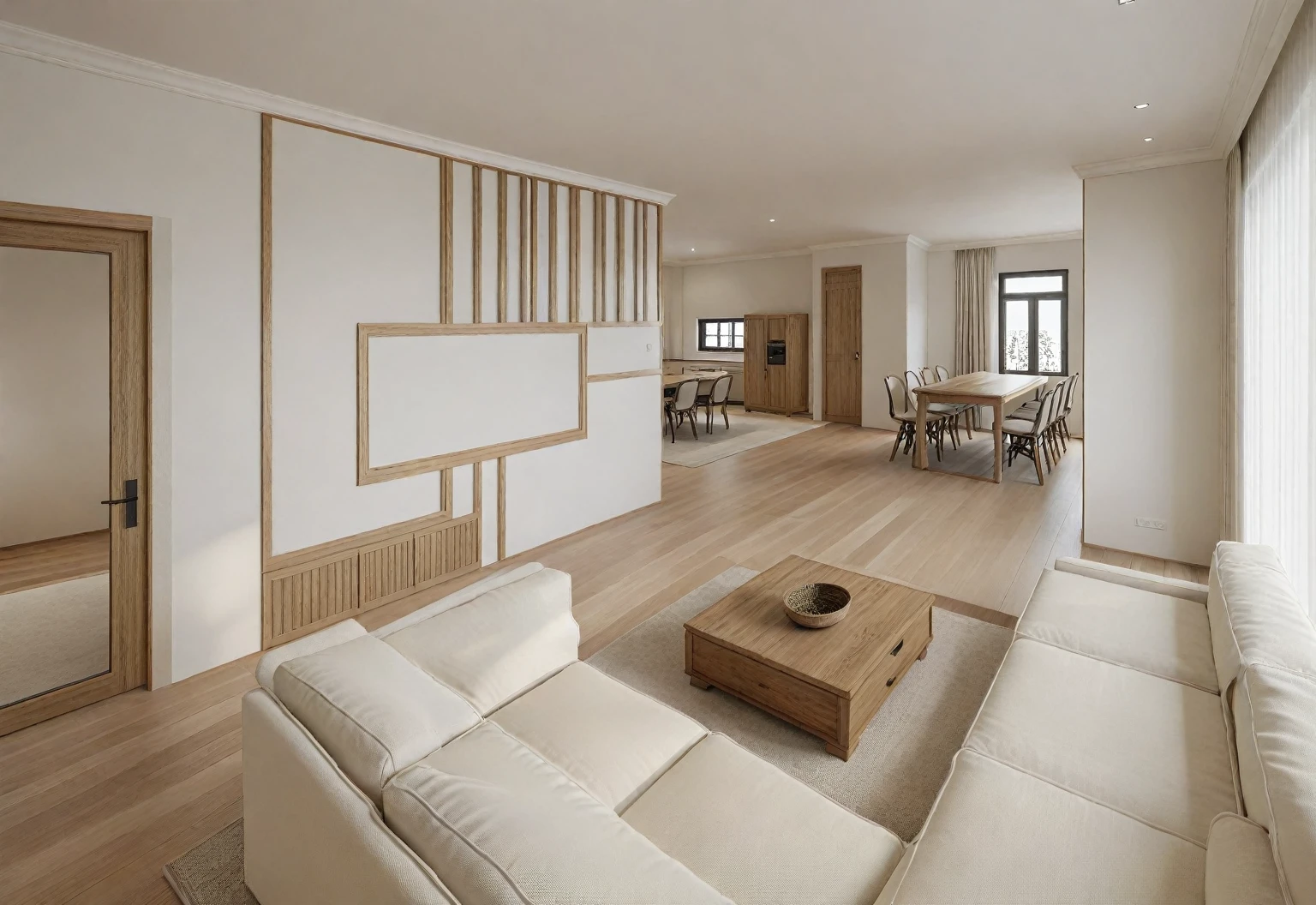 WASABI STYLE, (LIVING ROOM : 1.5), RAW photo,Masterpiece, high quality, best quality, authentic, super detail, interior,white wall, Neutral color for furniture,natural wooden texture,  japandi style, Realistic reflexes,realistic light , vray