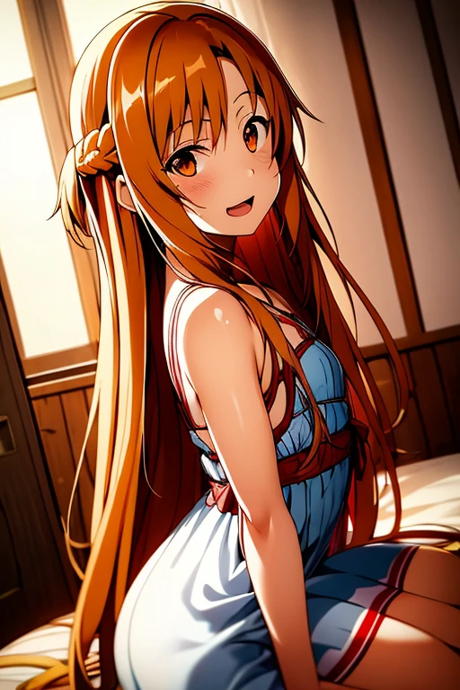 ((Best Quality)), ((masterpiece)), (be familiar with),  perfect face, indoor, bedroom,  watching viewers,
One woman, Yuuki Asuna,
Open Mouth, Ecstatic expression, blush, smile,
Small breasts,  flat chest, , , child, Girl,
Long Hair,  long hair,
Leg spread,