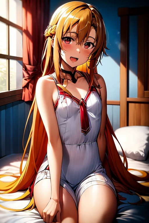 ((Best Quality)), ((masterpiece)), (be familiar with),  perfect face, indoor, bedroom,  watching viewers,
One woman, Yuuki Asuna,
Open Mouth, Ecstatic expression, blush, smile,
Small breasts,  flat chest, , , , Girl,
Long Hair,  long hair,
Leg spread,