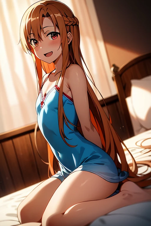 ((Best Quality)), ((masterpiece)), (be familiar with),  perfect face, indoor, bedroom,  watching viewers,
One woman, Yuuki Asuna,
Open Mouth, Ecstatic expression, blush, smile,
Small breasts,  flat chest, , , child, Girl,
Long Hair,  long hair,
Leg spread,