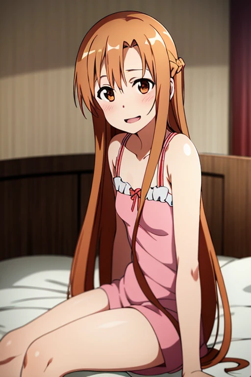 ((Best Quality)), ((masterpiece)), (be familiar with),  perfect face, indoor, bedroom,  watching viewers,
One woman, Yuuki Asuna,
Open Mouth, Ecstatic expression, blush, smile,
Small breasts,  flat chest, , , child, Girl,
Long Hair,  long hair,
Leg spread,