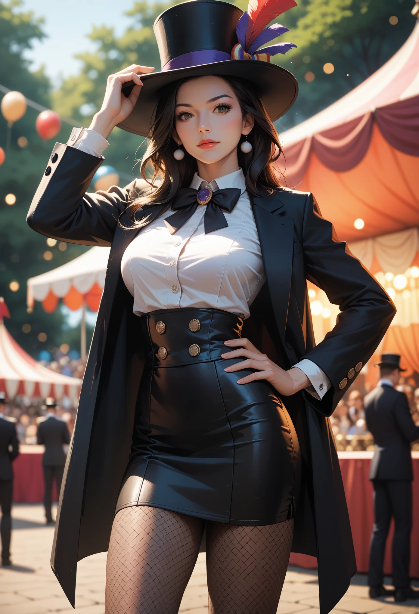 score_9, score_8_up, score_7_up, (masterpiece, UHD, 8K, 16K, ultra detailed), sfw, cowboy shot, solo, 1girl, magician, black hair, long hair, black tailcoat, white shirt, black bow tie, fishnet stockings, black top hat, (hand on hip, hand on hat:1.2), posing, circus festival in background, outdoor, (depth of field), (bokeh), diffused light, dramatic ambient