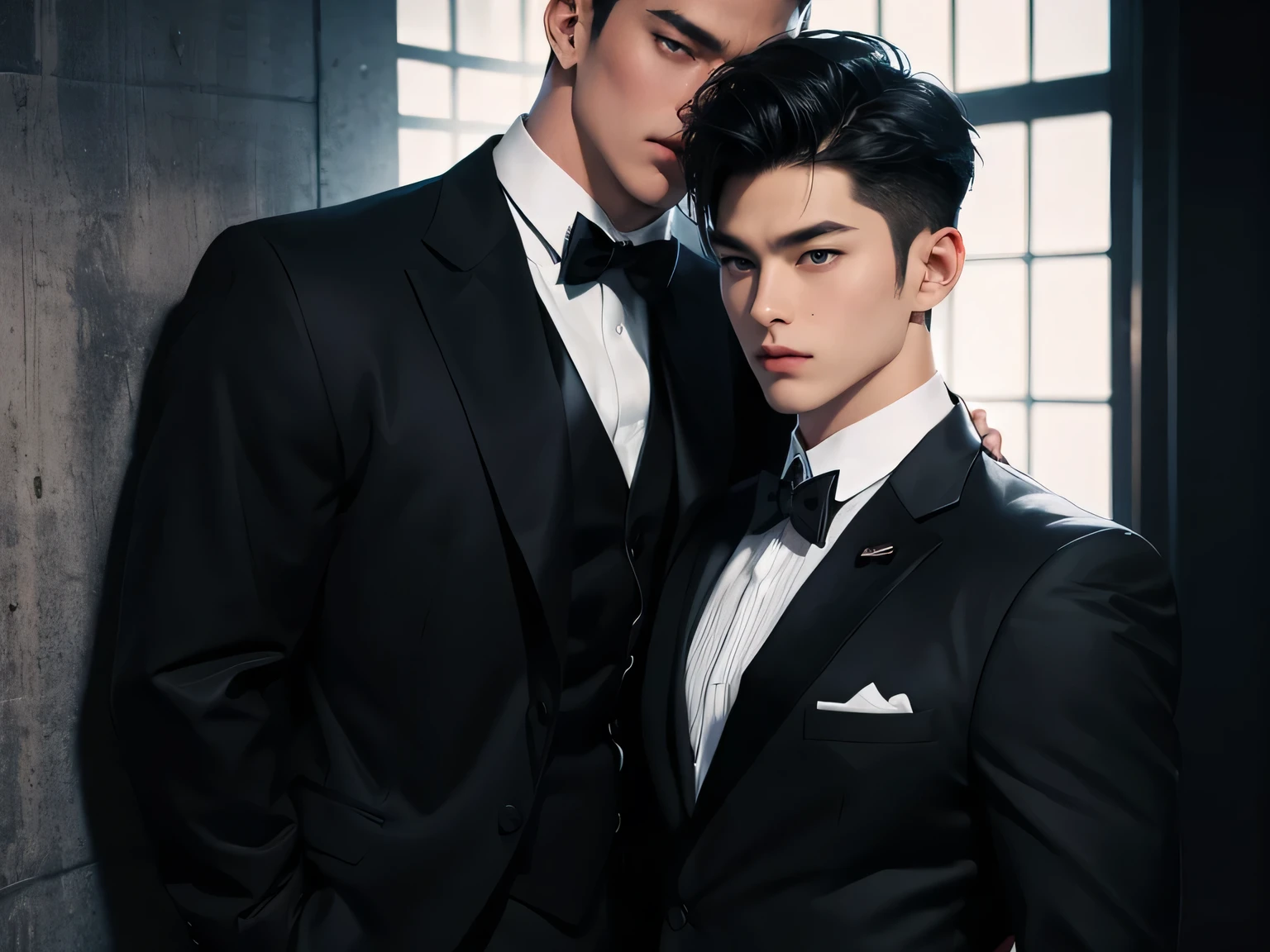  Japanese　　 Handsome Man 　Short cut　Shaved head　Black Hair　male　　Black leotard　 wrestling uniform 　tuxedo　Bulge　Bow tie　cuffs　 drips on clothes　　Background Universe
