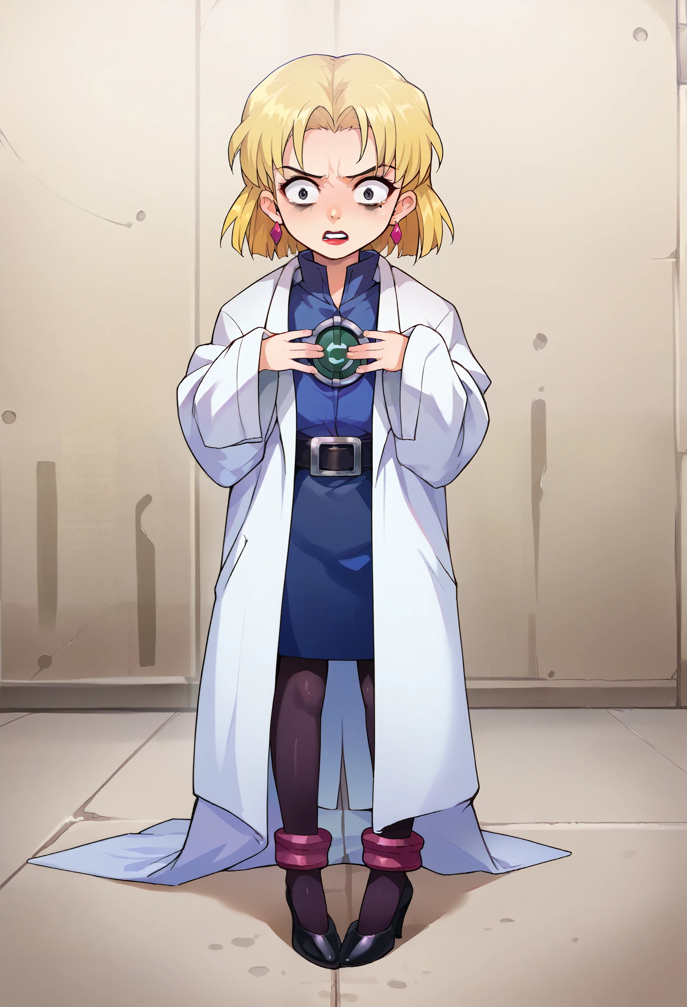 score_9, score_8_up, score_7_up, 1girl, solo, (****:1.5), flat chest, Ritsuko, 1girl, solo, blonde hair, mole under eye, labcoat, earrings, jewelry, short hair, belt, lipstick, makeup, black heels, darkblue skirt, black pantyhoses, belt, scared, sad, full body, standing, without shoes, looking at you, surprised, indoor, lab background, AgeRegression, Oversized Clothes, oversized pantyhoses,  loosed heels, sleeves covering hands, skirt between ankles,