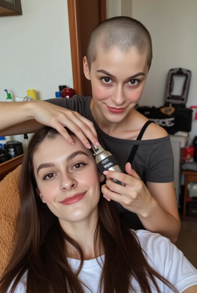 2 young women, (((first woman her head is clean shaven bald the skin on her head is pale))) (she is holding "Wahl" hair clippers which are currently shaving the second woman's head). (The second woman has half a bald head and half very long hair). They are both looking at the viewer and smiling.
