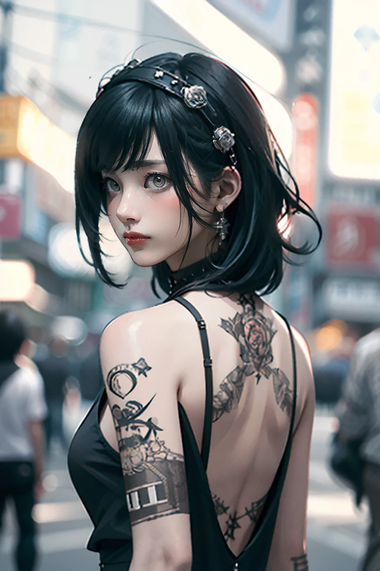 NSFW，Large Breasts， best quality 、、masterpiece：1.3、Gothic Punk、Gray Black Hair、 hair accessories 、 BEAUTIFUL GIRLS、 creative 、Punk Shirt、Neogoth、 goth fashion ：1.2、 Kampala、masterpiece、 best quality 、頭w:1.3、(( Hasselblad photo))、Fine skin、Sharp focus、(Cinema Lighting)、Explore Tokyo、The city at night beyond the neon lights, Open the frame, 、Hair back、Shoulder Bare、Small blue rose tattoo on the décolletage、Only one tattoo