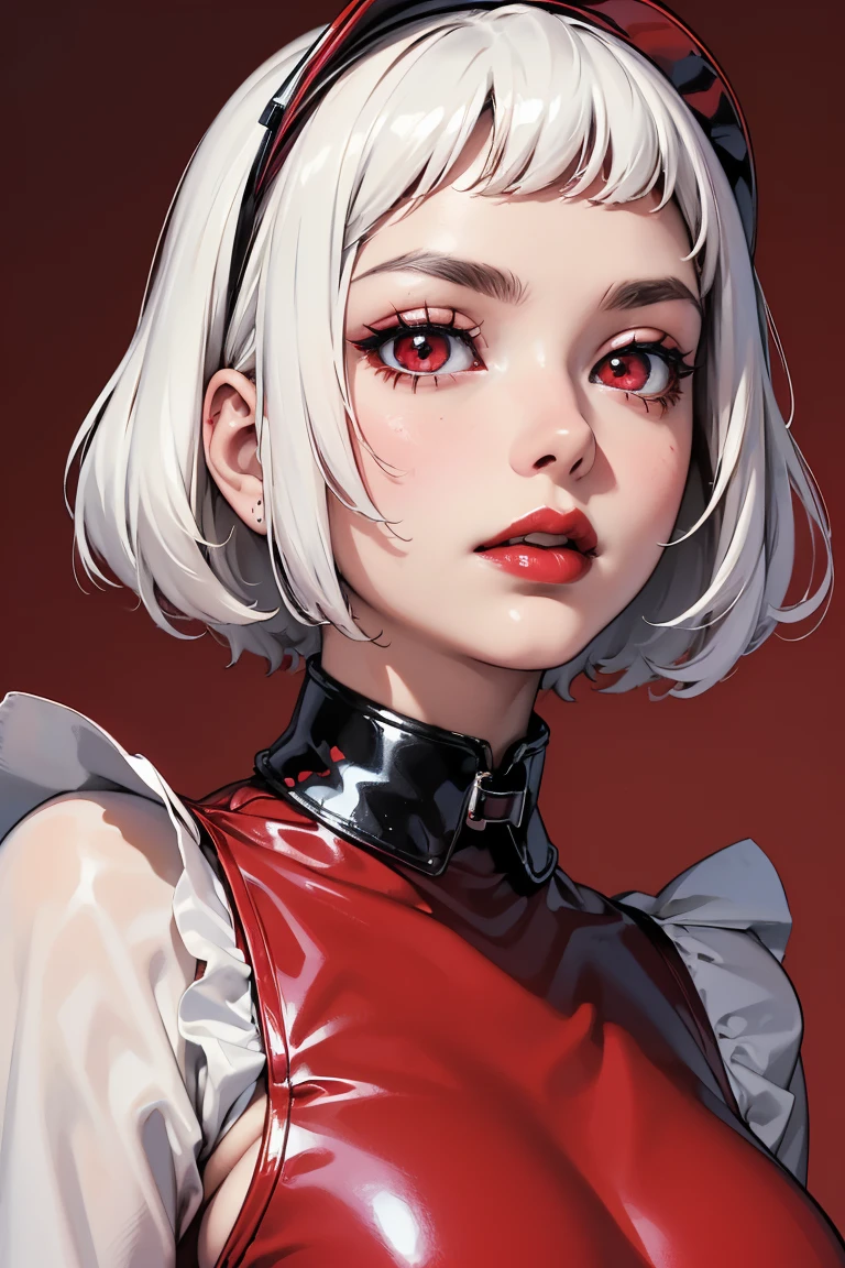 (best lighting) (best quality, masterpiece:1.2), (absurdres), portrait, alluring, ethereal, flirtatious, woman, ((very short, messy, cropped, boyish, white hair), ((red eyes)), (detailed eyes), ((glossy, shiny, red lipstick)), full lips, ((black latex maid outfit)), ((thick, metal collar)), high fashion, (slim),( small breasts), wide hips, bold red background, abstract background, soft lighting, hazy, cinematic