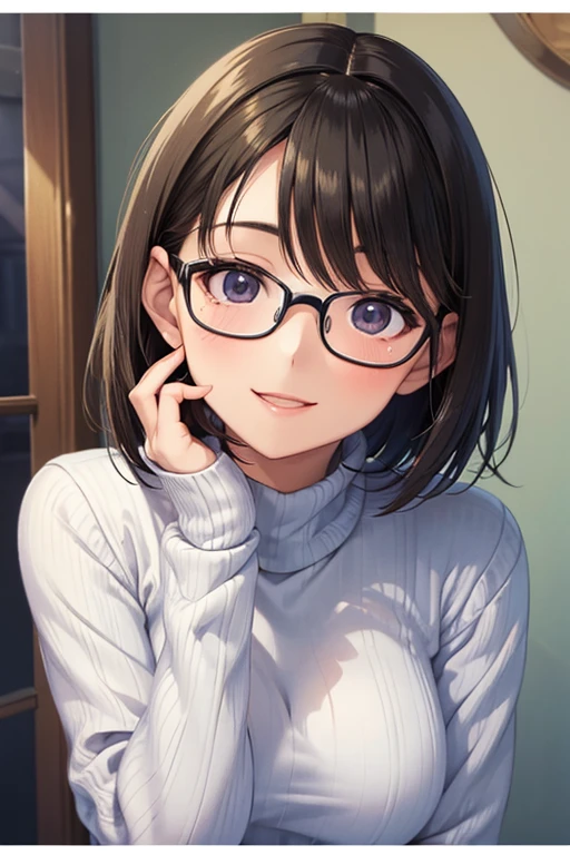 A dark-haired、eye glass、A slight smil、short-hair、Otaku who loves games、Adults、relax at home、loose wavy hair