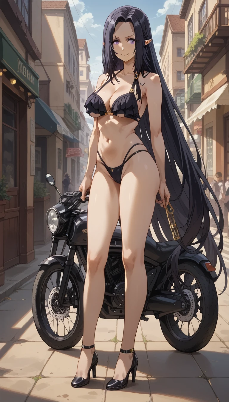 ultra-detailed, 1girl, gamma, ((masterpiece)), (best quality), (highres), 16K, perfect face, long hair, purple eyes, black hair, very long hair, pointy ears, mole, mole under mouth, black bikini, high heels, busty body, large breasts and a beautiful ass, showcasing cleavage, legs, hips, looking at viewer, smile, detailed full body, motorcycle background